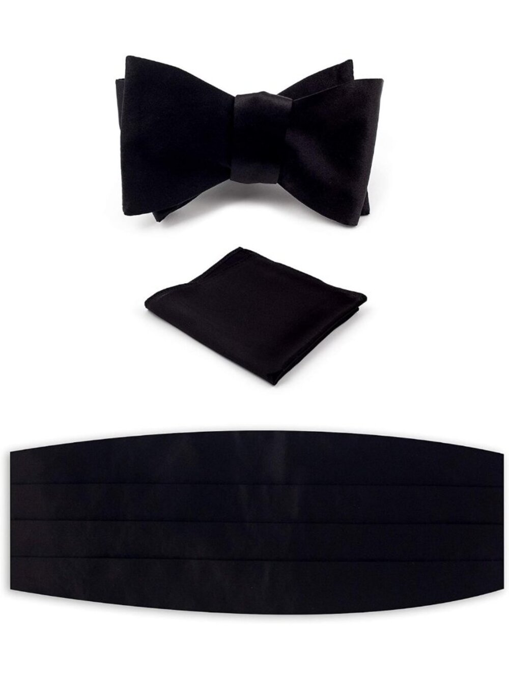 Men's 100% Silk Cummerbund Set with Bow Tie & Handkerchief - Elegant Black
